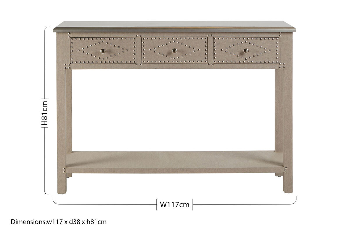 Natural Wooden 3-Drawer Console Table with Silver Top, Manhattan