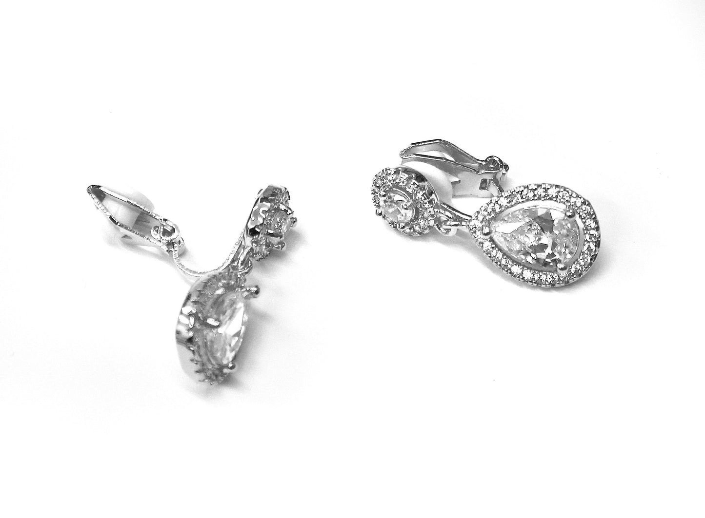 CLIP ON Earrings Oval Drop Crystal Women Ladies Clipon Silver Bridal