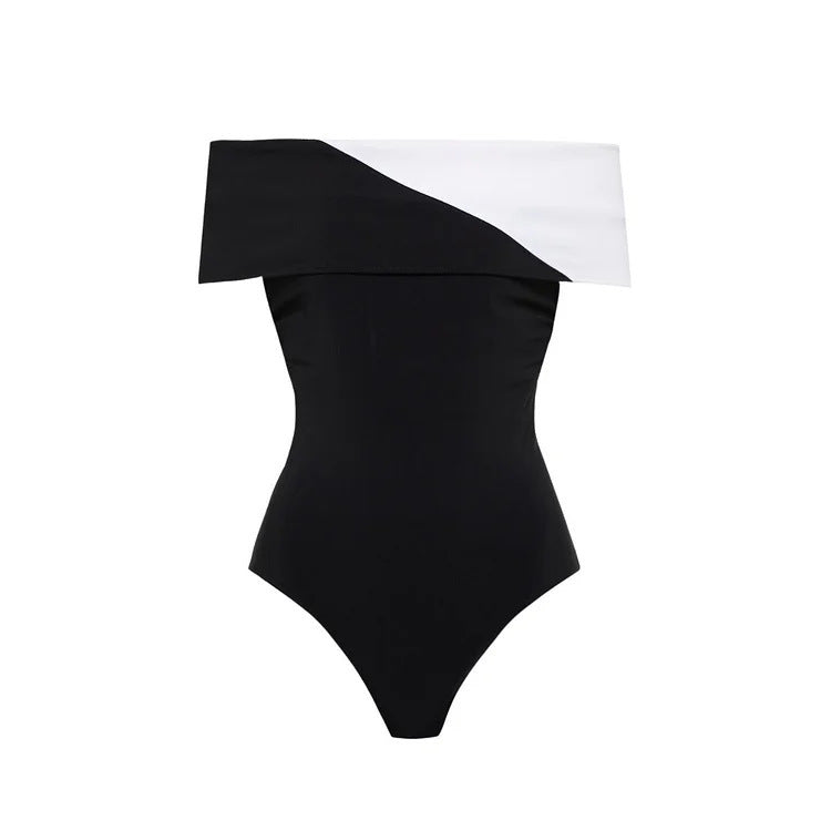 V-neck Black And White Stitching Simple One-piece Swimsuit Suit Women