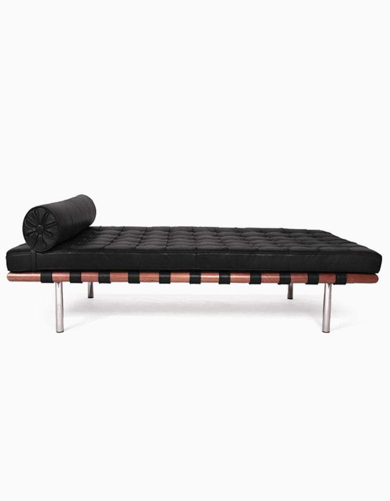 Barcelona Style Daybed, White Leather, Wood Frame