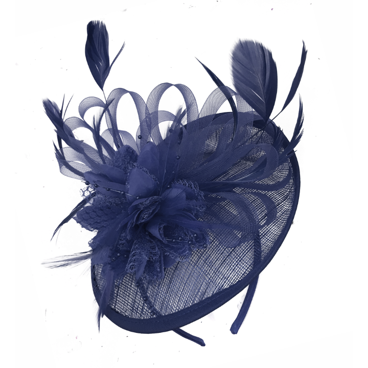 Dark Navy Blue Sinamay Hoop Fascinator for Weddings on Headband