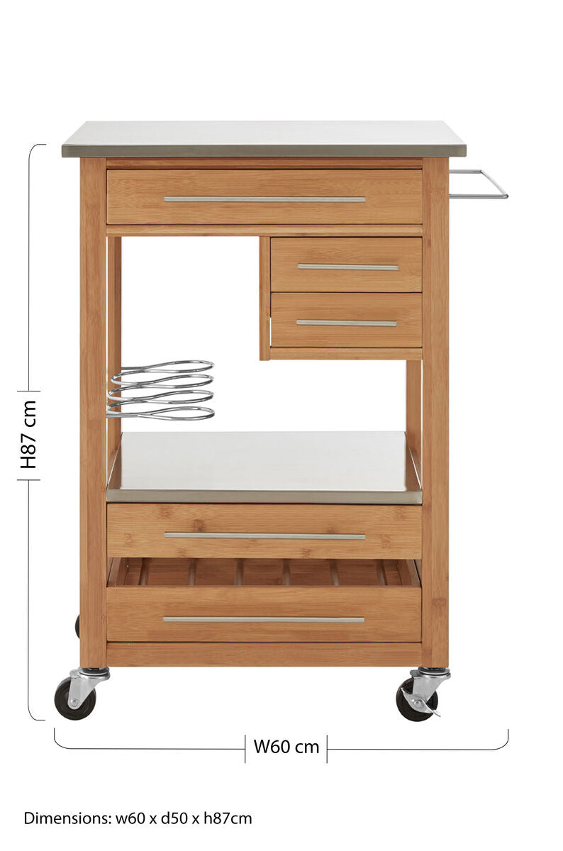 Natural Bamboo Four Drawer Kitchen Trolley with Stainless Steel Worktop, Harlow