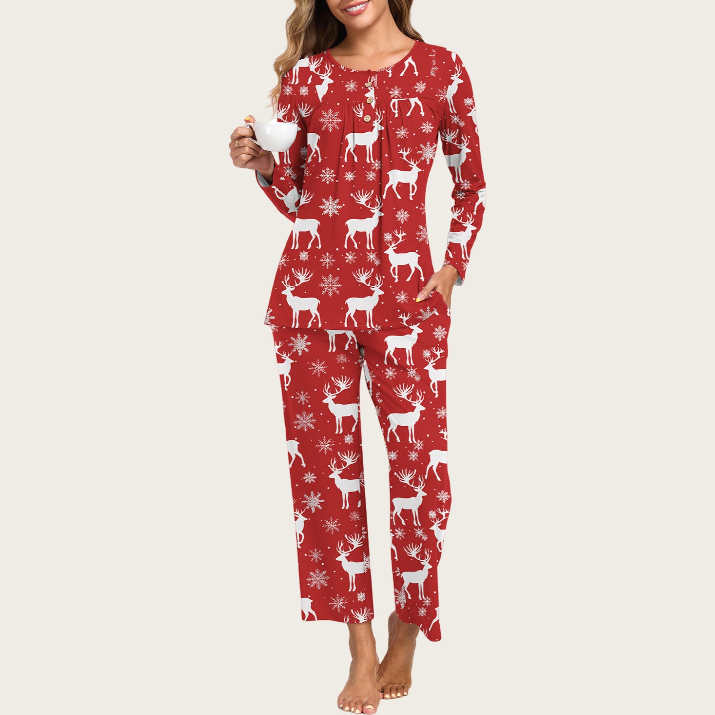2-Piece Casual Christmas Pajama Set With Pockets