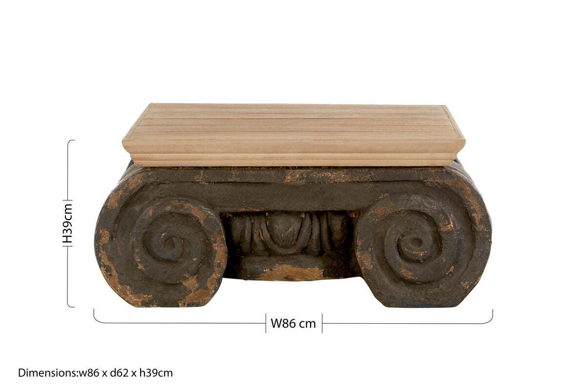 Natural Wood Top Coffee Table with Distressed Charcoal Grey Ornate Base, Pompeii
