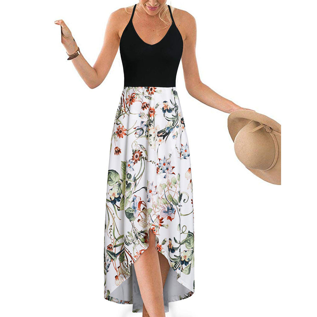V-neck Strap Sleeveless Backless Color-matching Dress