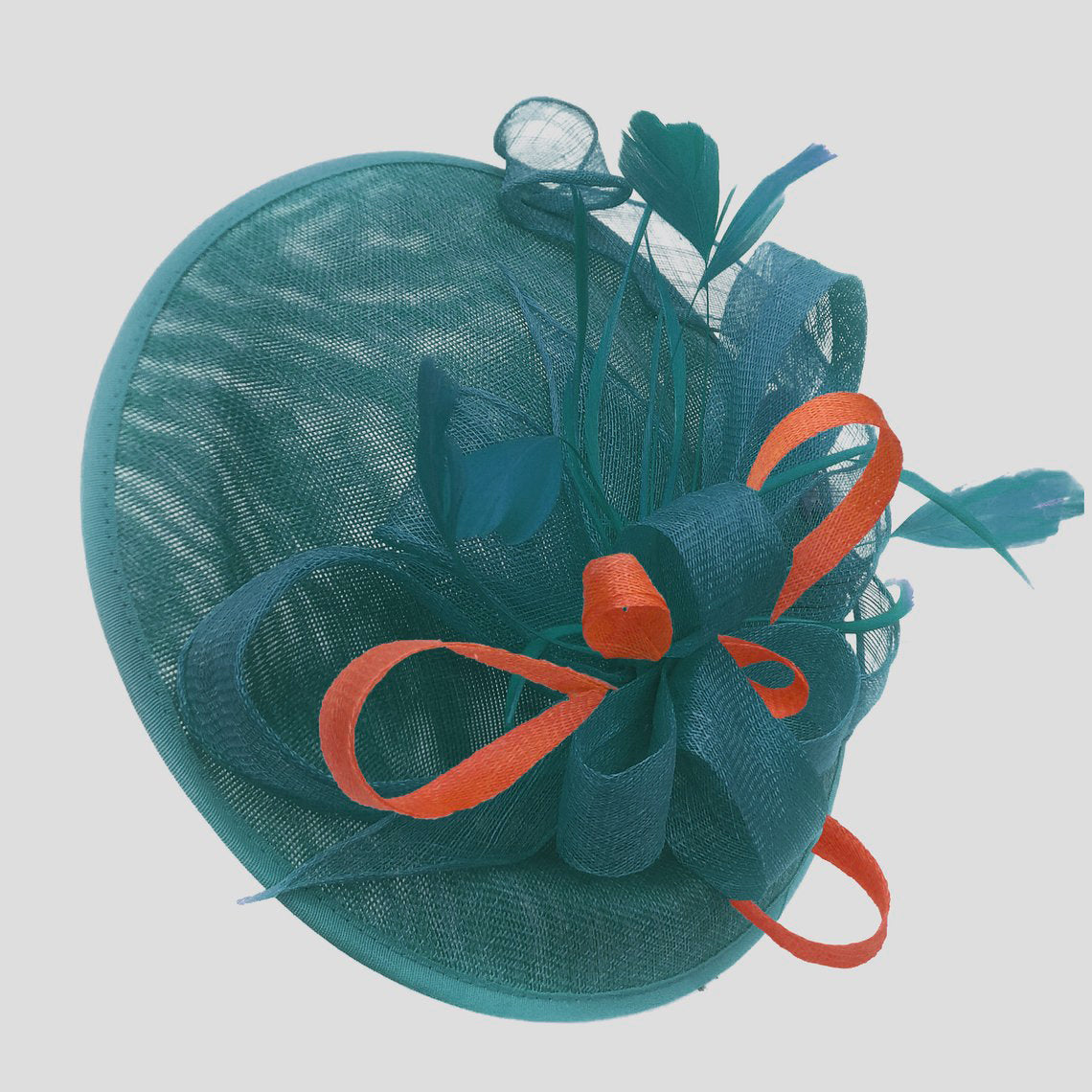 Big Saucer Sinamay Teal Turquoise & Orange Mixed Colour Fascinator On Headband