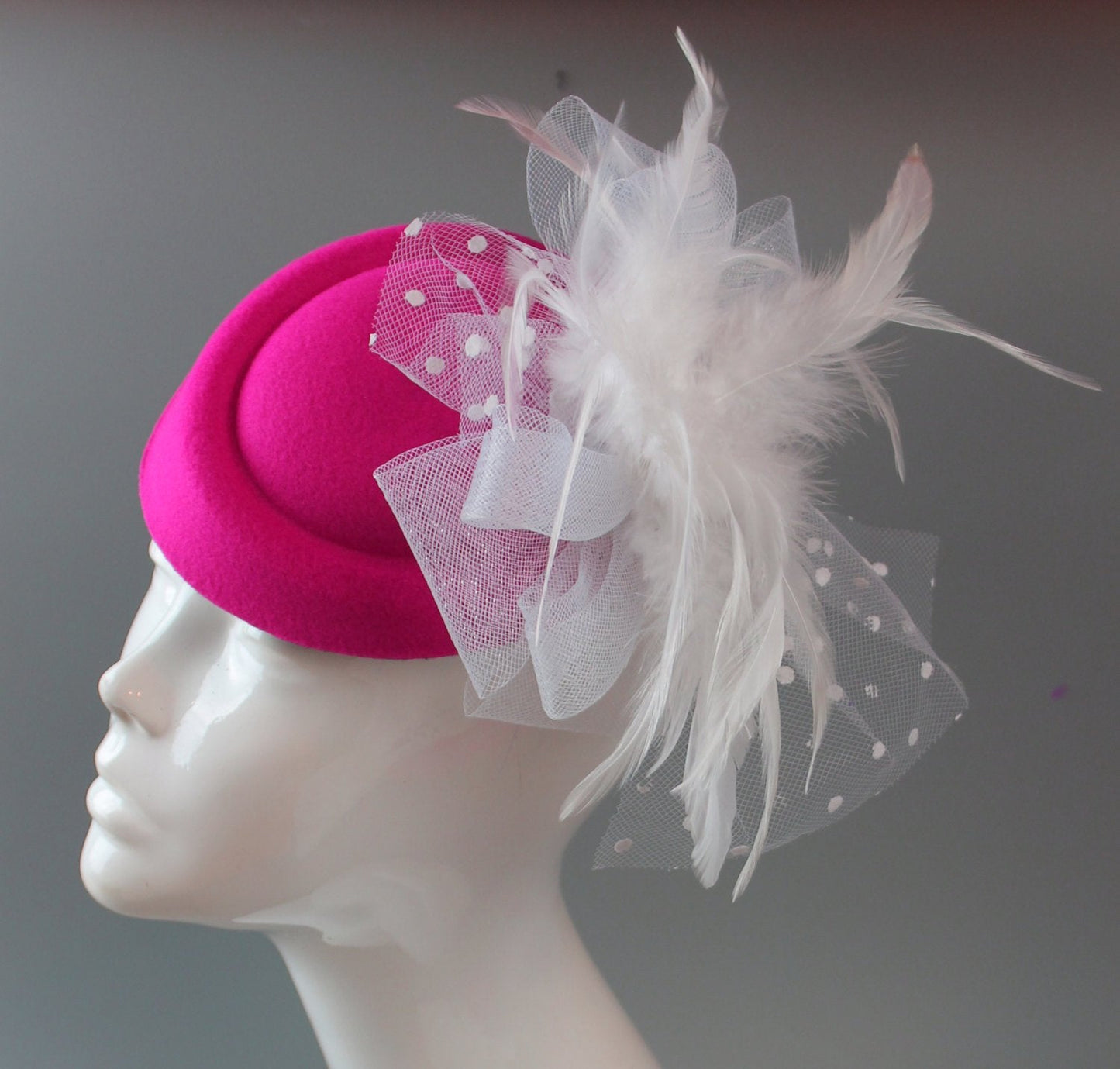 Caprilite Fuchsia Hot Pink and White Fascinator Hat Pill Box Veil Hatinator UK Wedding Ascot Races Clip Felt