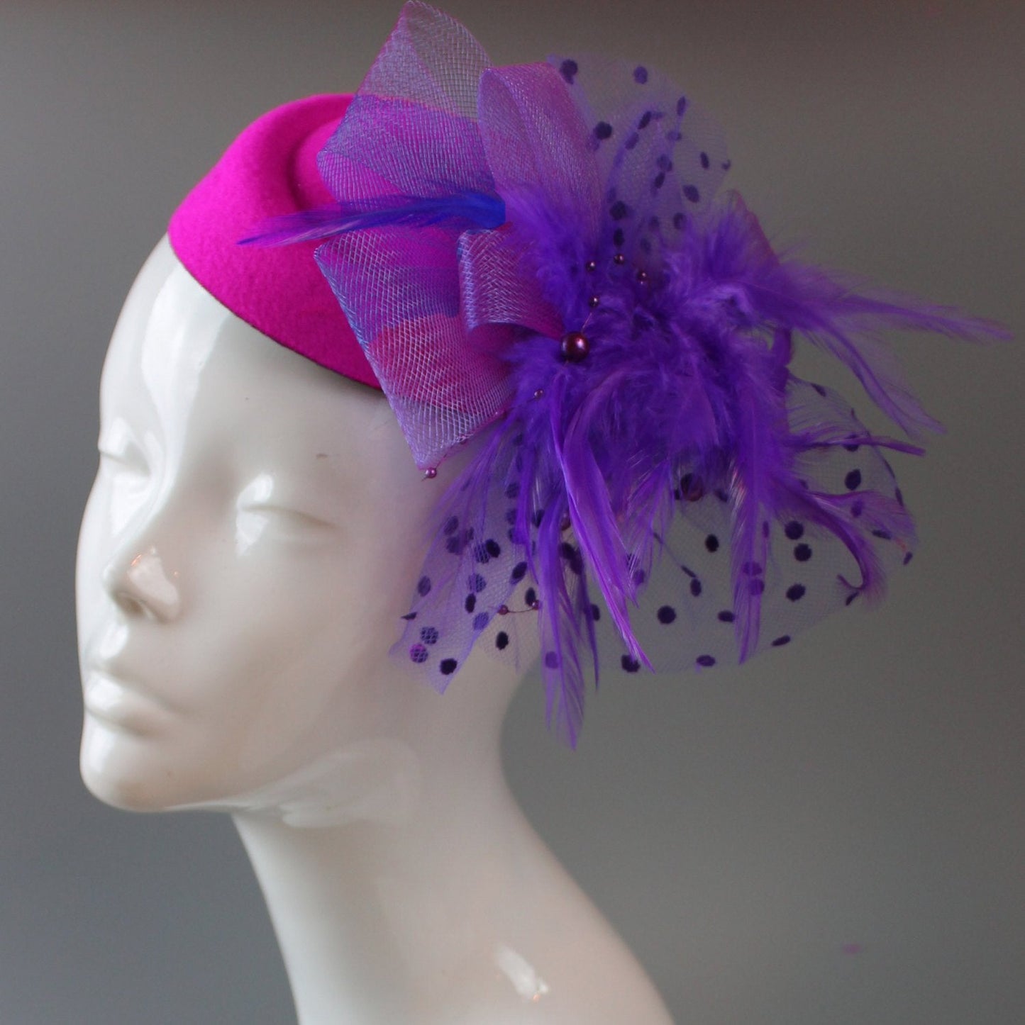 Caprilite Fuchsia Hot Pink and Purple Fascinator Hat Pill Box Veil Hatinator UK Wedding Ascot Races Clip Felt