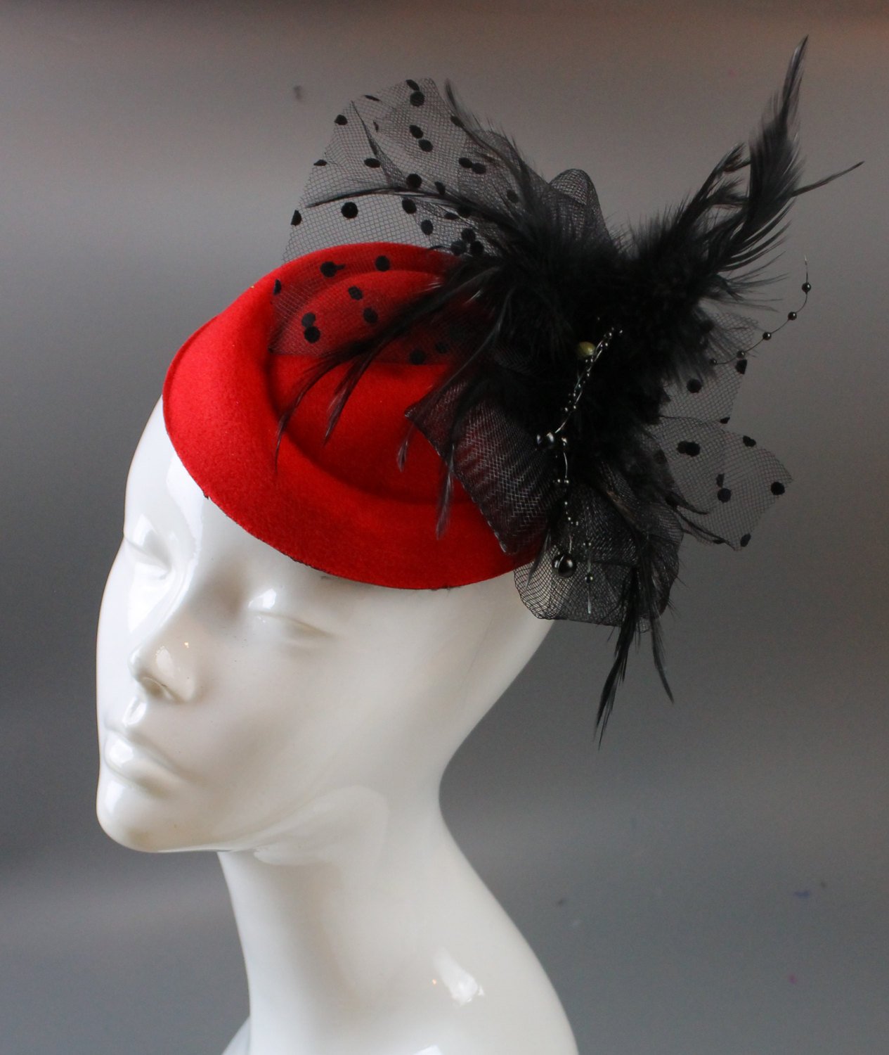 Caprilite Bright Rose Red and Black Fascinator Hat Pill Box Veil Hatinator UK Wedding Ascot Races Clip Felt