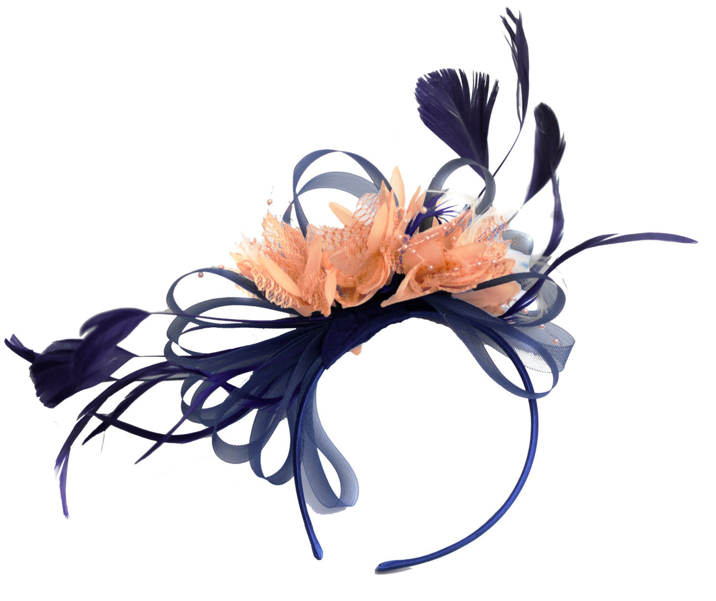 Caprilite Navy and Peach Nude Fascinator on Headband Alice Band UK Wedding Ascot Races Derby