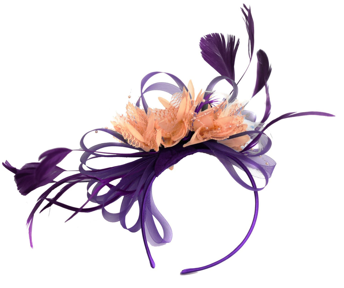 Caprilite Purple and Peach Nude Fascinator on Headband Alice Band UK Wedding Ascot Races Derby