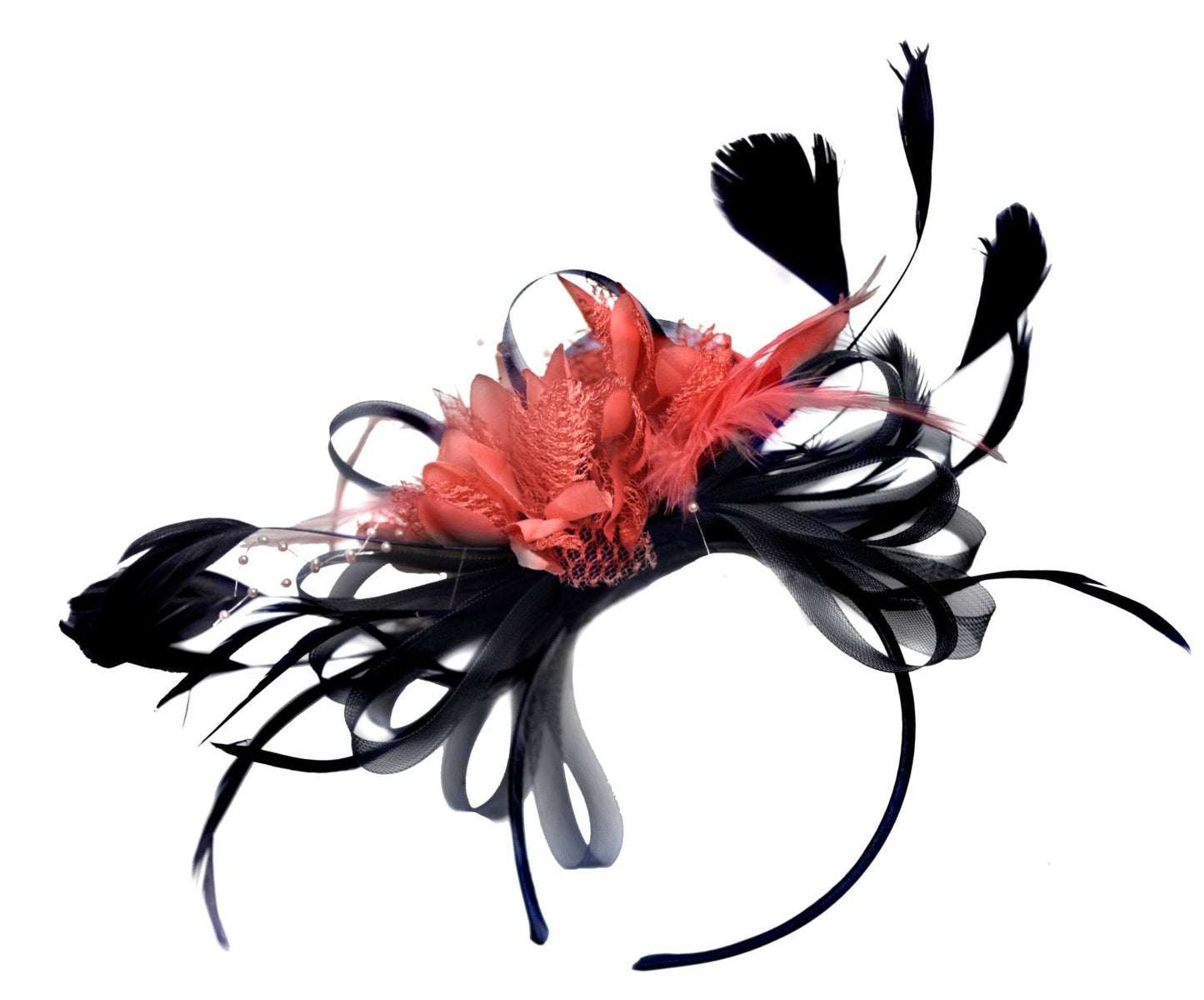 Caprilite Black and Coral Fascinator on Headband Hoopmix