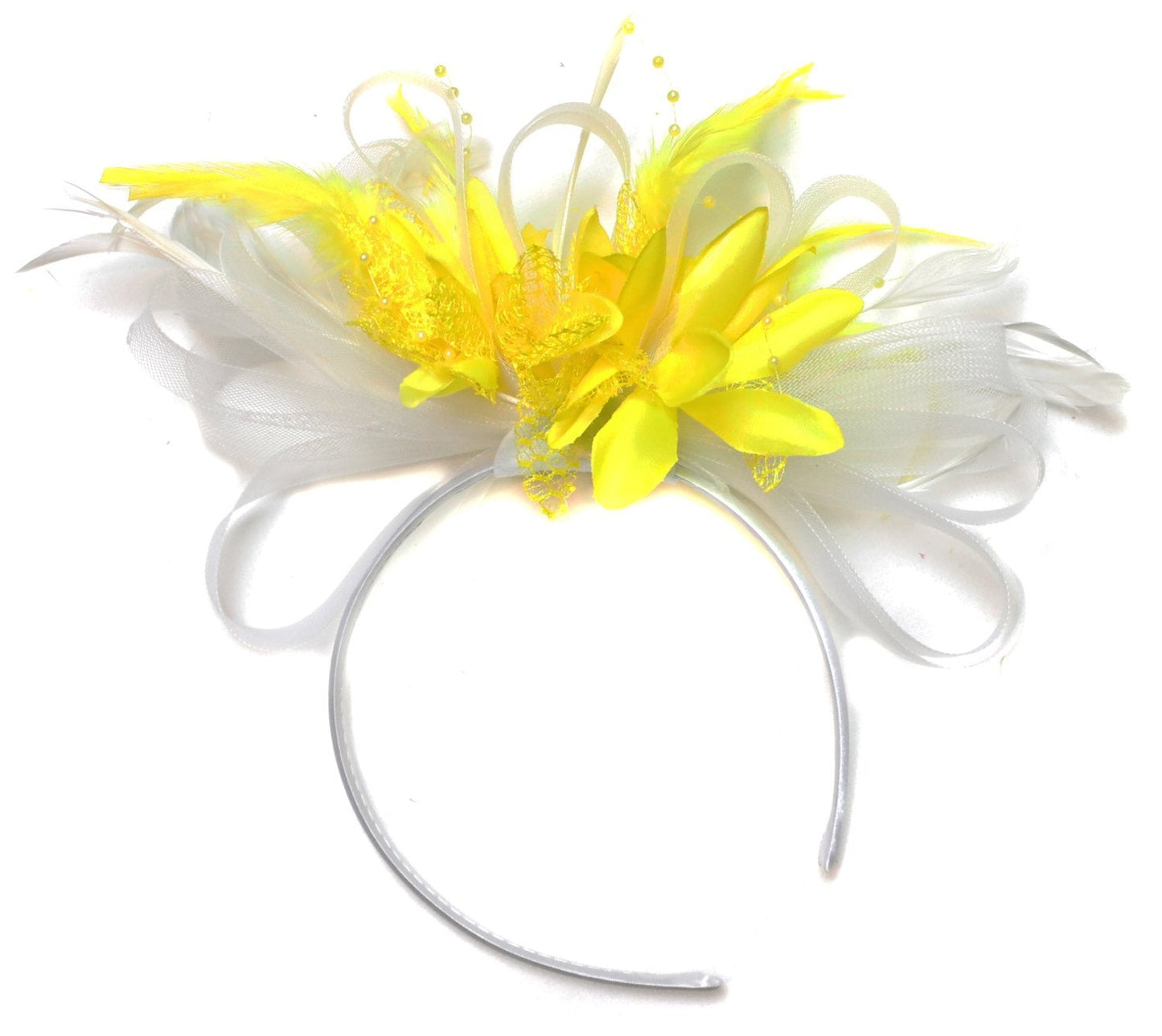 Caprilite White and Yellow Fascinator on Headband Alice Band UK Wedding Ascot Races Derby