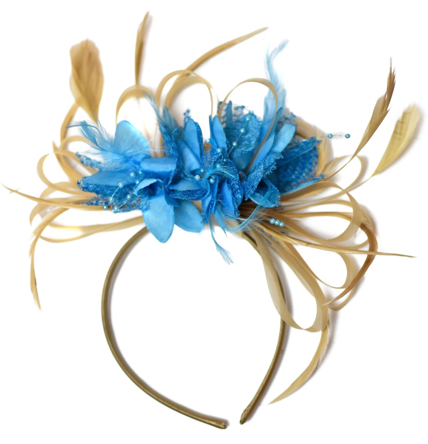 Caprilite Champagne Gold Beige Camel and Aqua Sky Blue Fascinator on Headband Alice Band UK Wedding Ascot Races Derby