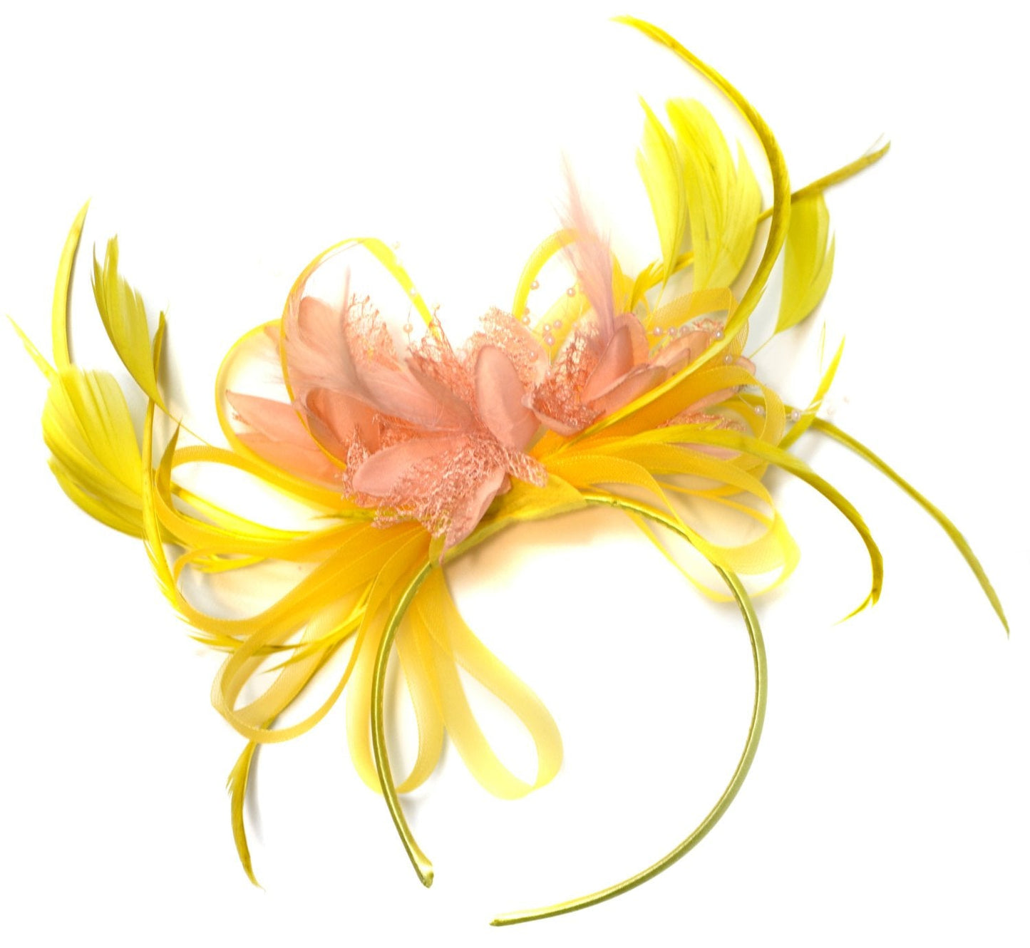 Caprilite Yellow and Nude Peach Salmon Fascinator on Headband Alice Band UK Wedding Ascot Races Derby