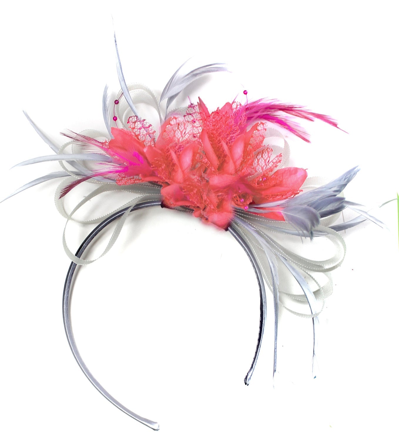 Caprilite Grey Silver & Coral Fascinator on Headband AliceBand UK Wedding Ascot Races Loop