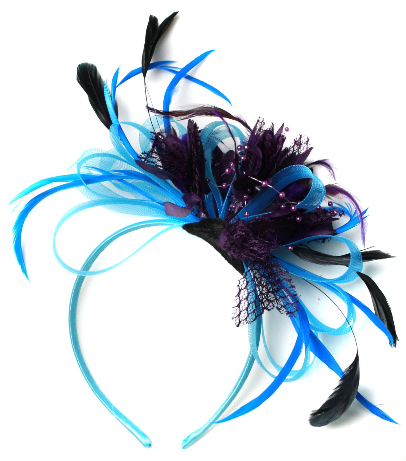 Caprilite Aqua and Purple Black Net Hoop & Feathers Fascinator On Headband