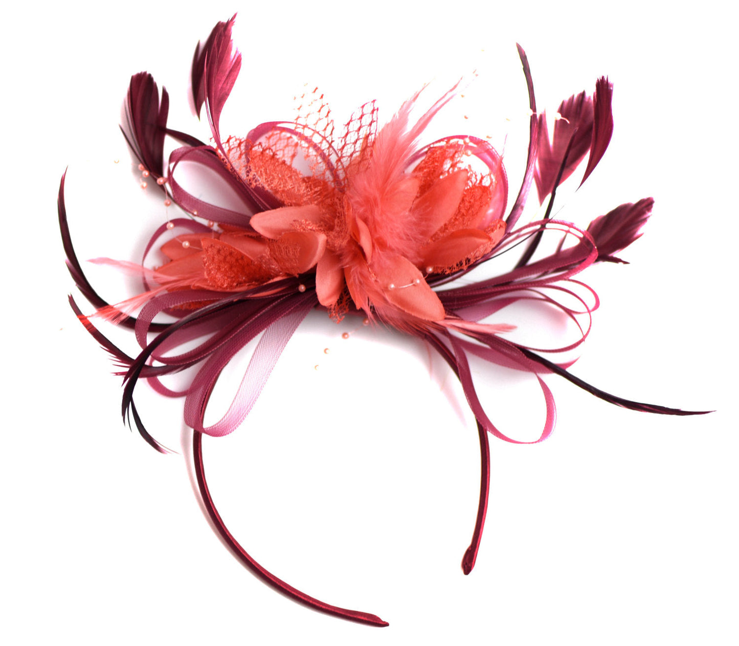 Caprilite Dark Red Burgundy and Coral Fascinator on Headband Alice Band UK Wedding Ascot Races Derby