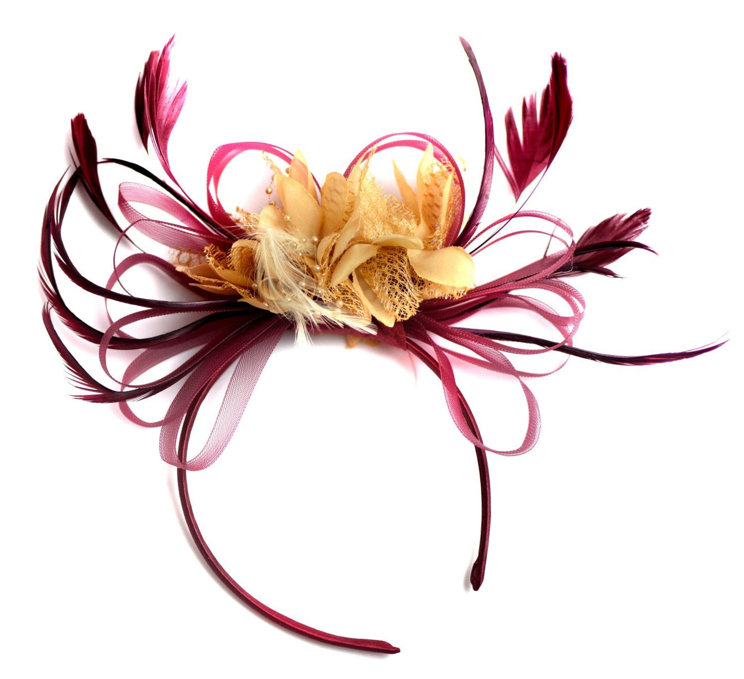 Caprilite Dark Red Burgundy and Beige Fascinator on Headband Alice Band UK Wedding Ascot Races Derby