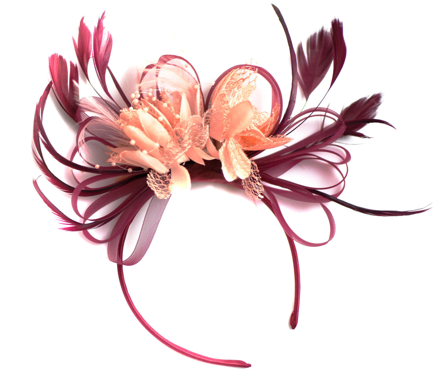 Caprilite Dark Red Burgundy and Peach Fascinator on Headband Alice Band UK Wedding Ascot Races Derby