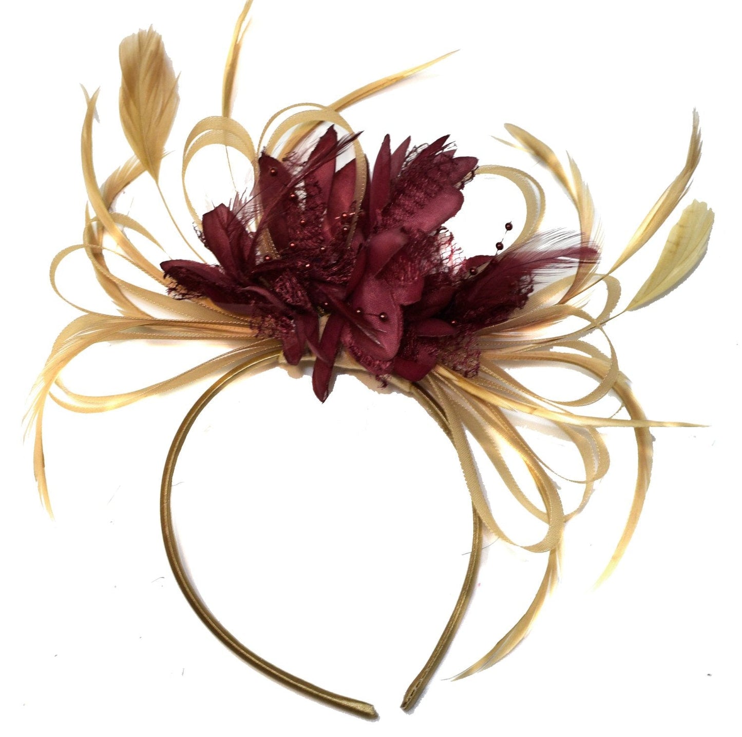 Caprilite Champagne Gold Beige Camel and Burgundy Wine Red Fascinator on Headband Alice Band UK Wedding Ascot Races Derby