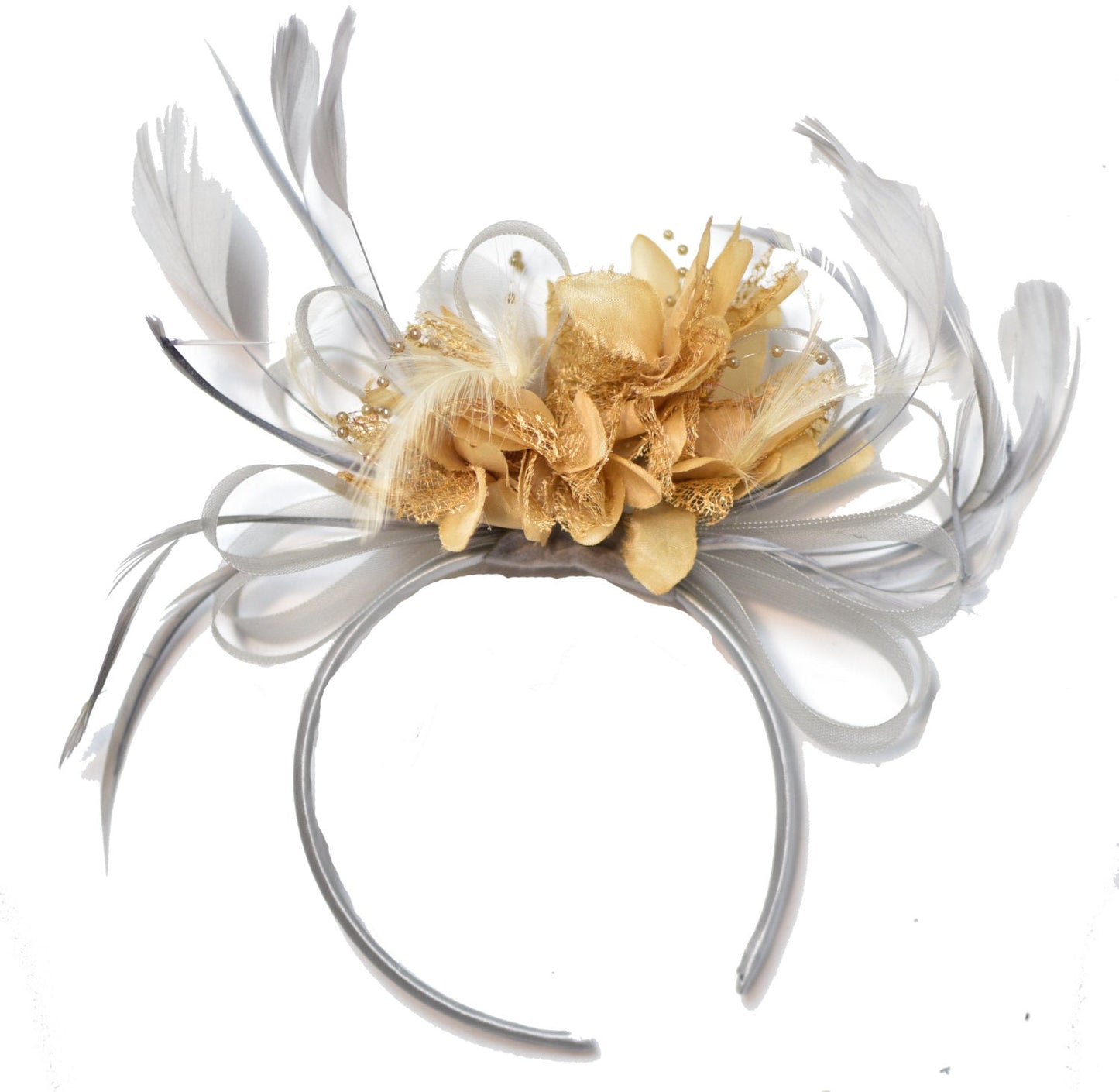 Caprilite Grey Silver & Beige Camel Fascinator on Headband AliceBand UK Wedding Ascot Races Loop