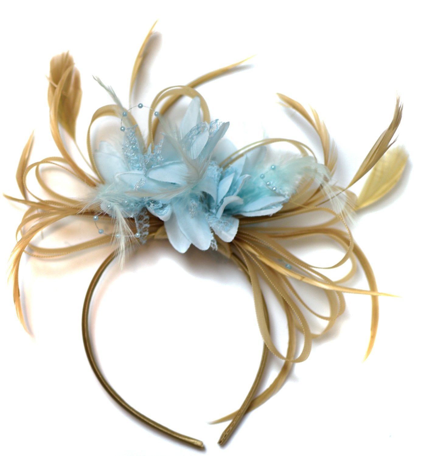Caprilite Champagne Gold Beige Camel and Pale Light Baby Blue Fascinator on Headband Alice Band UK Wedding Ascot Races Derby