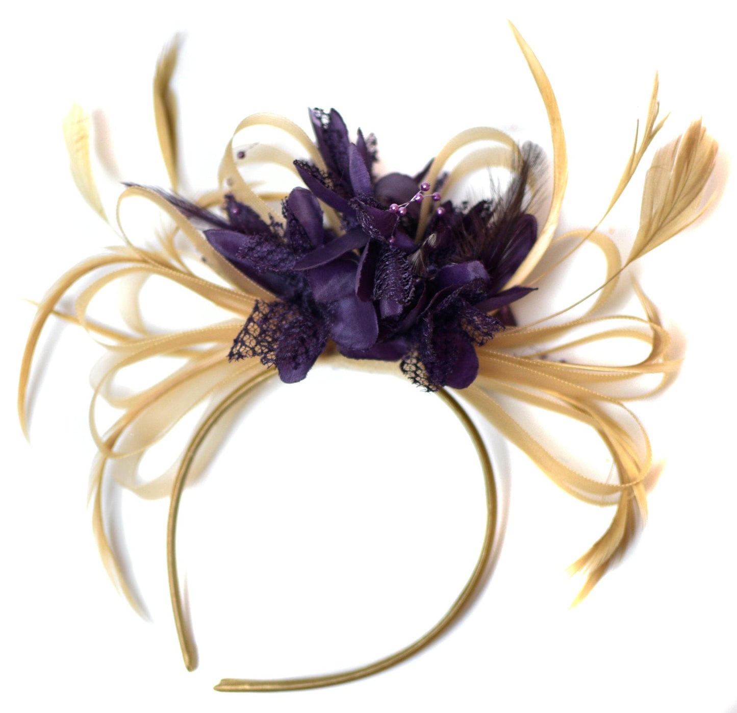 Caprilite Champagne Gold Beige Camel and Dark Purple Fascinator on Headband Alice Band UK Wedding Ascot Races Derby