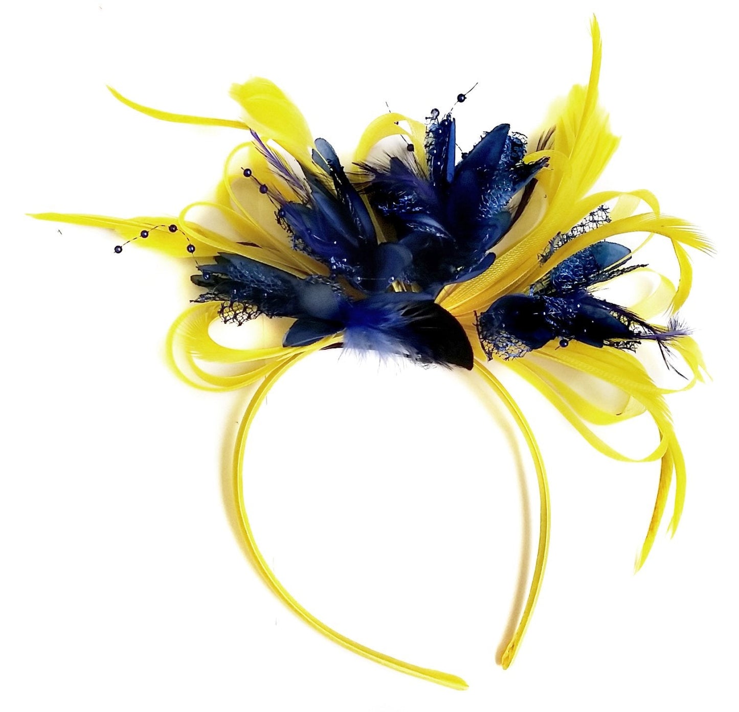 Caprilite Yellow and Navy Fascinator on Headband Alice Band UK Wedding Ascot Races Derby