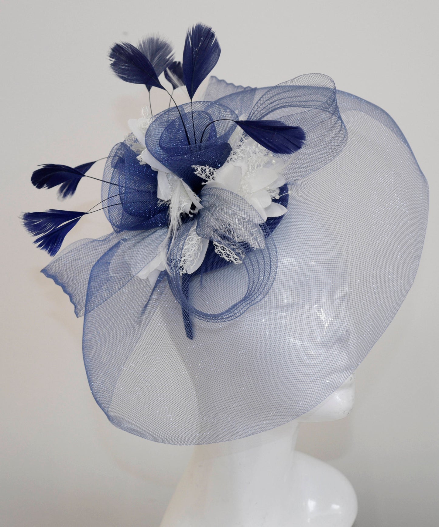 Caprilite Big Navy and Cream Ivory Fascinator Hat Veil Net Hair Clip Ascot Derby Races Wedding Headband Feather Flower