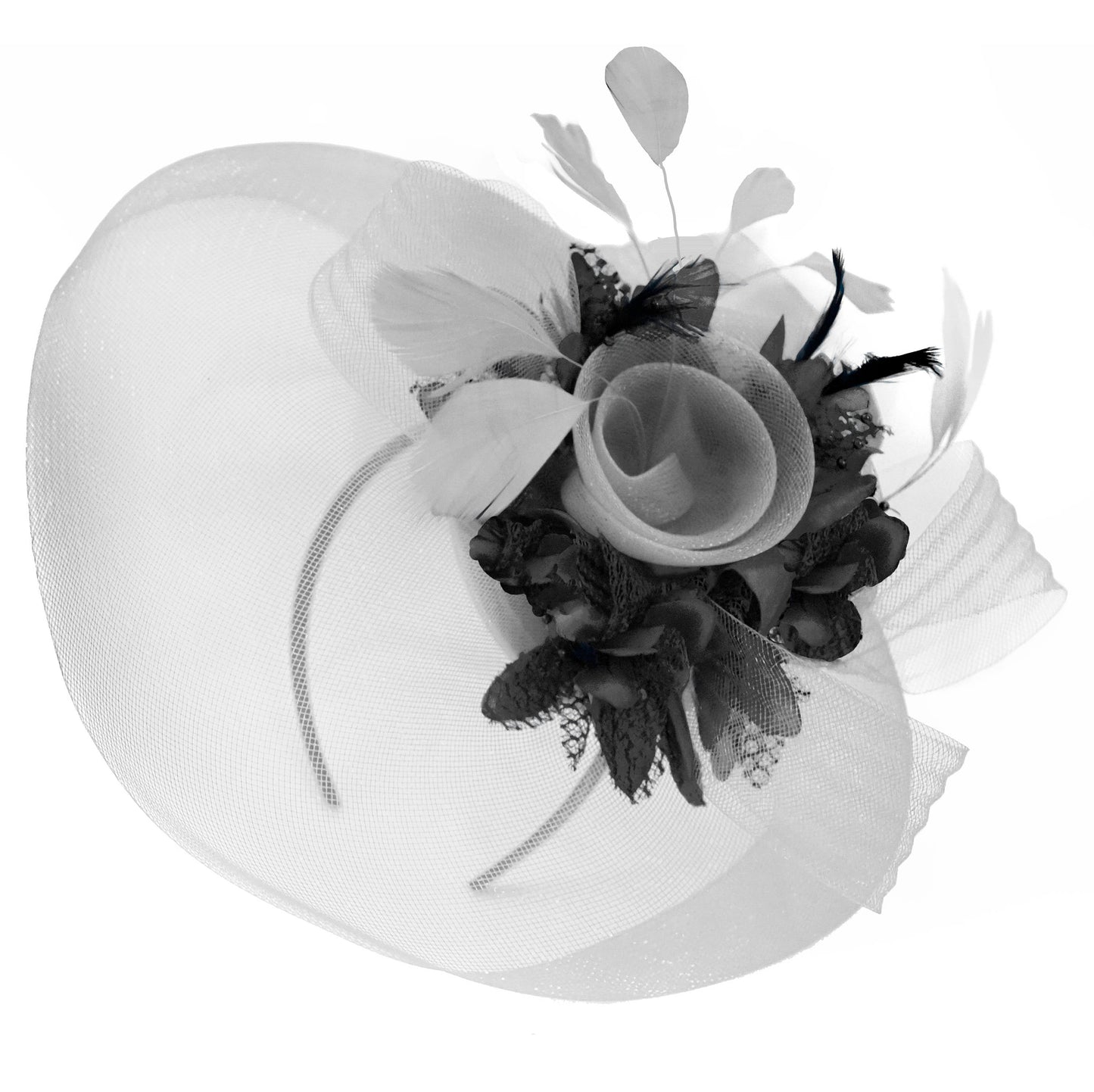 Caprilite Grey Silver and Black Fascinator on Headband Veil UK Wedding Ascot Races Hatinator