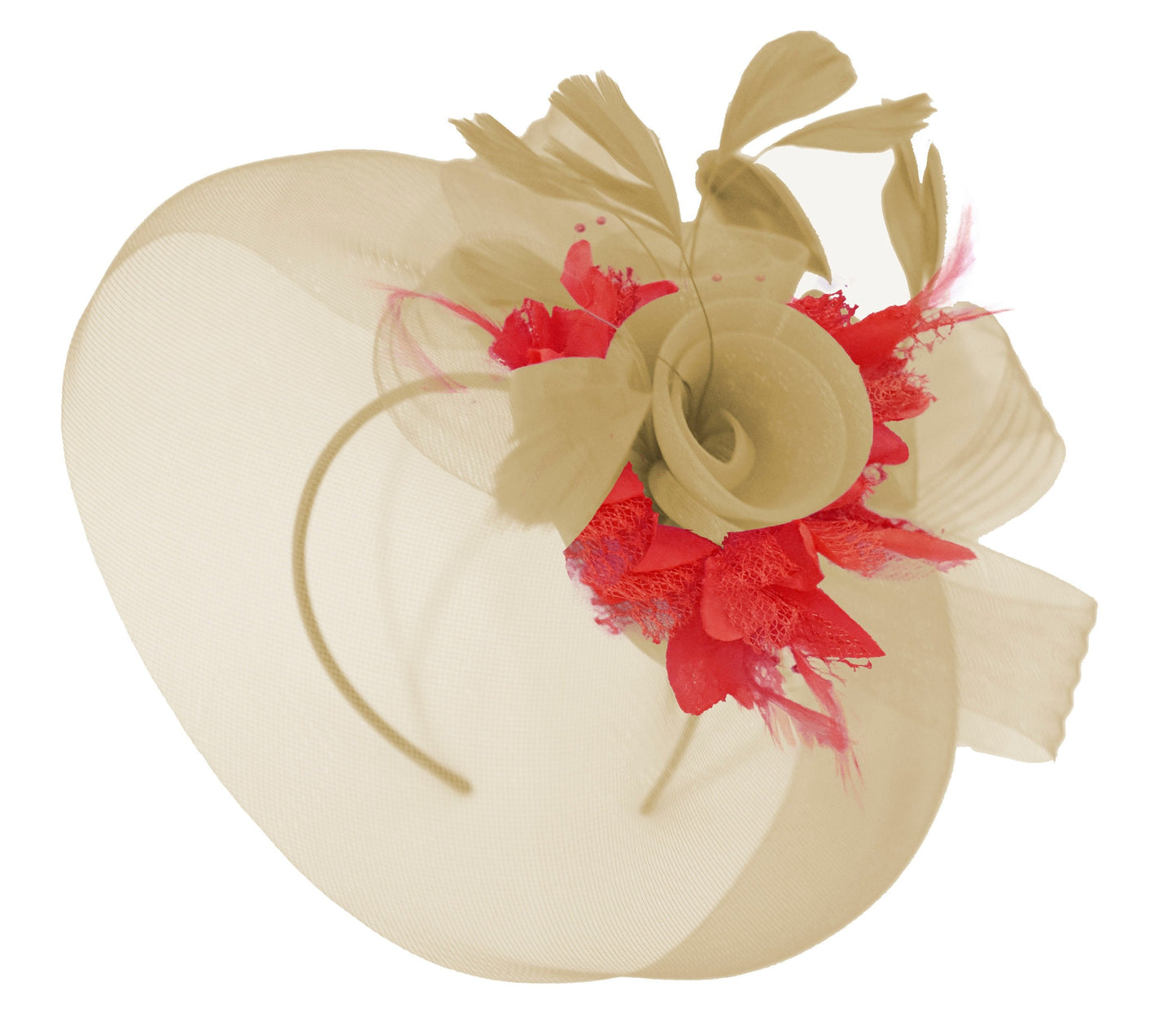 Caprilite Beige Camel and Red Fascinator Hat Veil Net Hair Clip Ascot Derby Races Wedding Headband Feather Flower