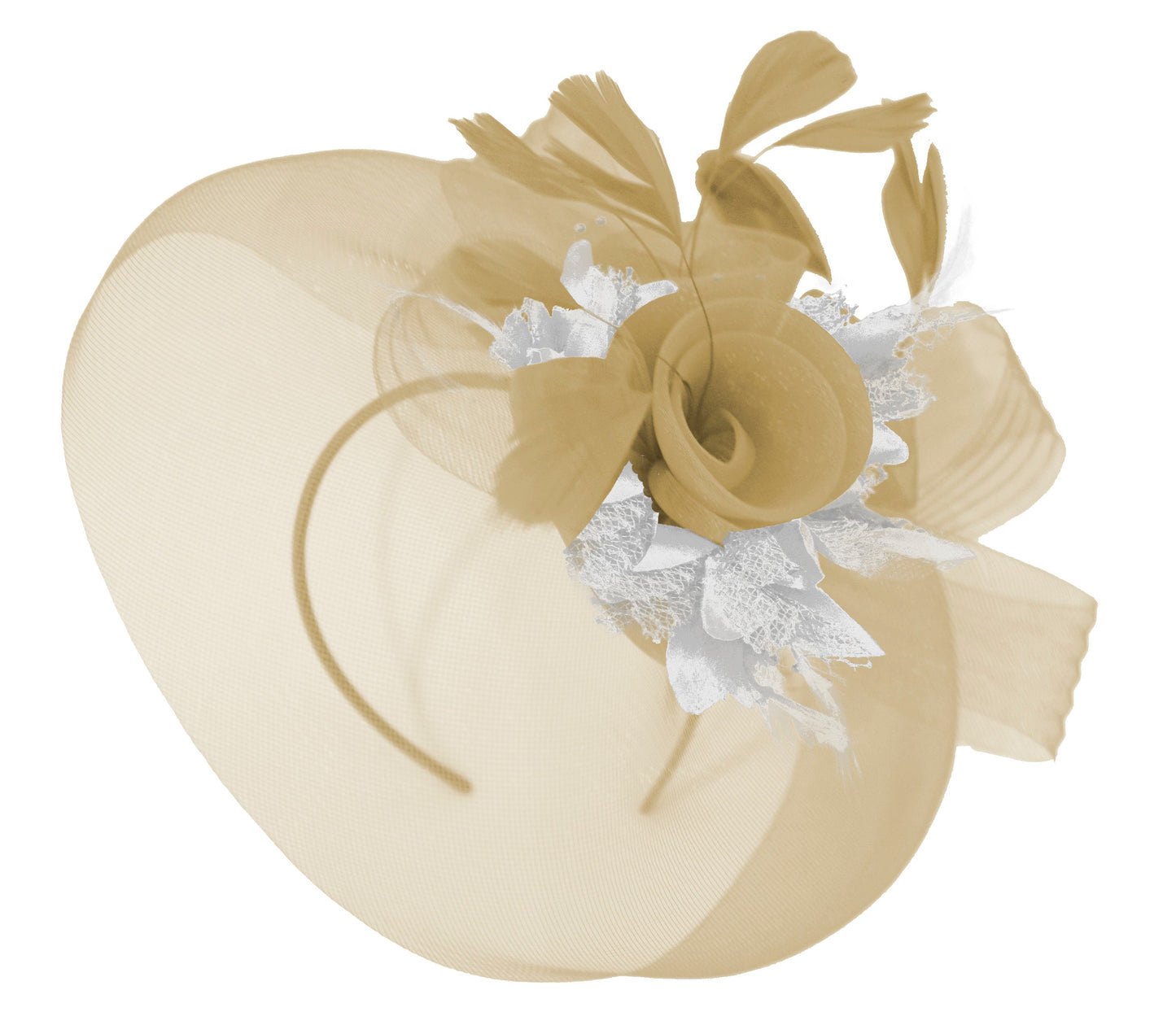 Caprilite Beige Camel and silver Fascinator Hat Veil Net Hair Clip Ascot Derby Races Wedding Headband Feather Flower