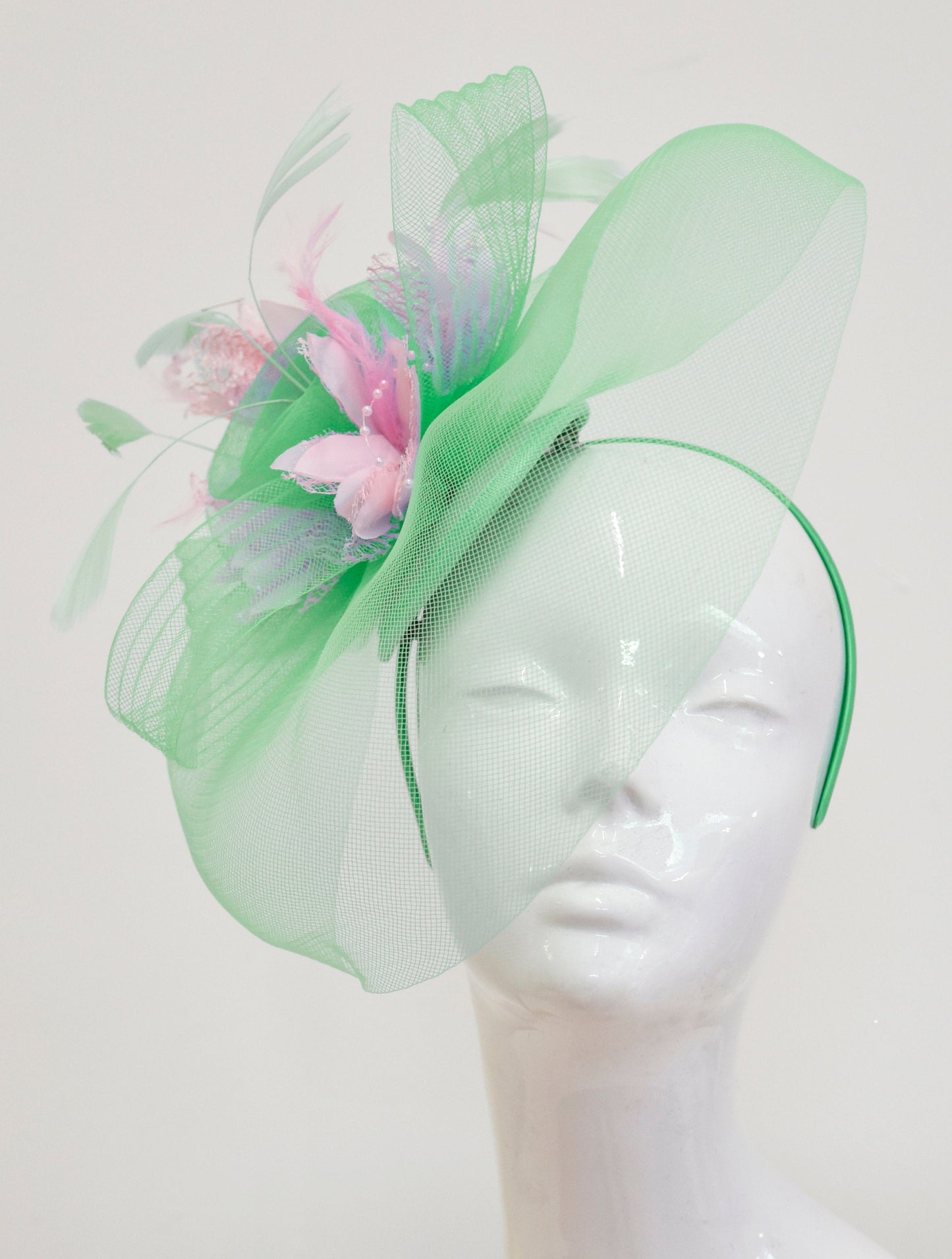 Caprilite Big Mint Green and Baby Pink Fascinator Hat Veil Net Ascot Derby Races Wedding Headband Feather