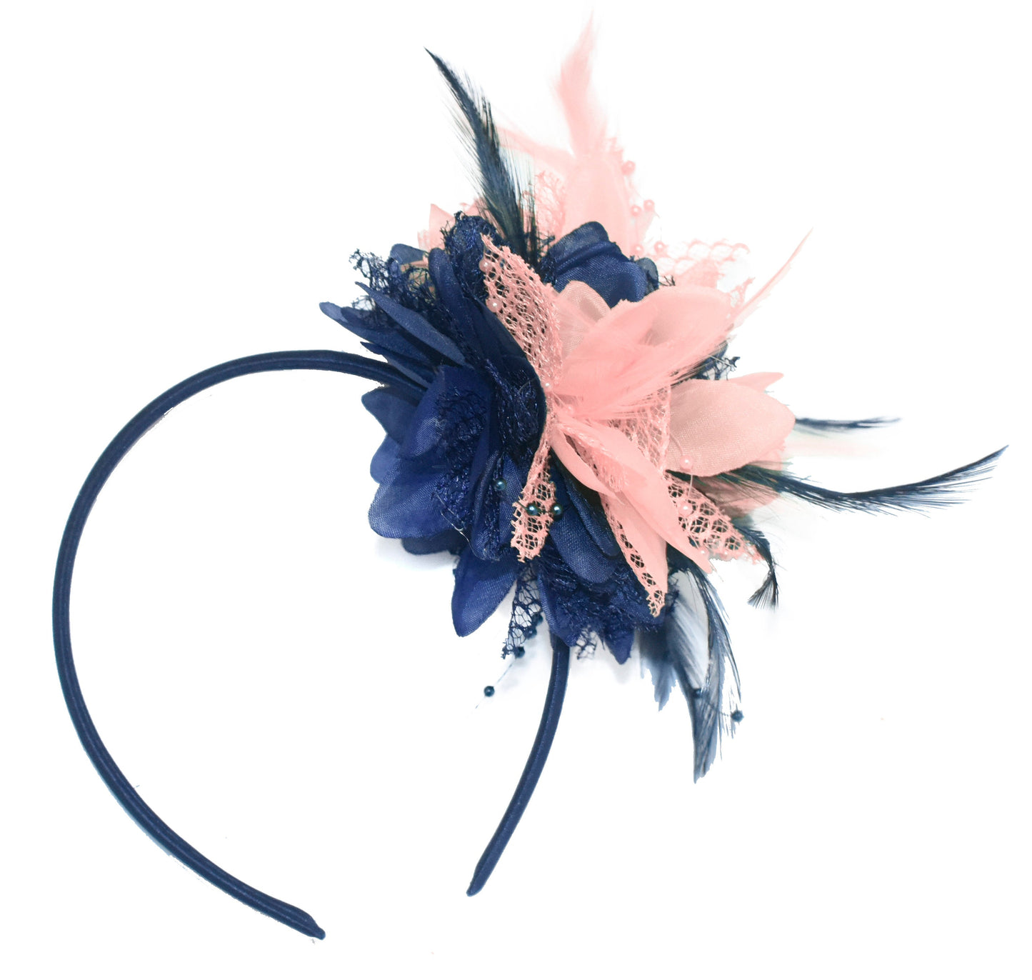 Caprilite Navy and Peach Nude Fascinator Headband Hair Band Flower Corsage