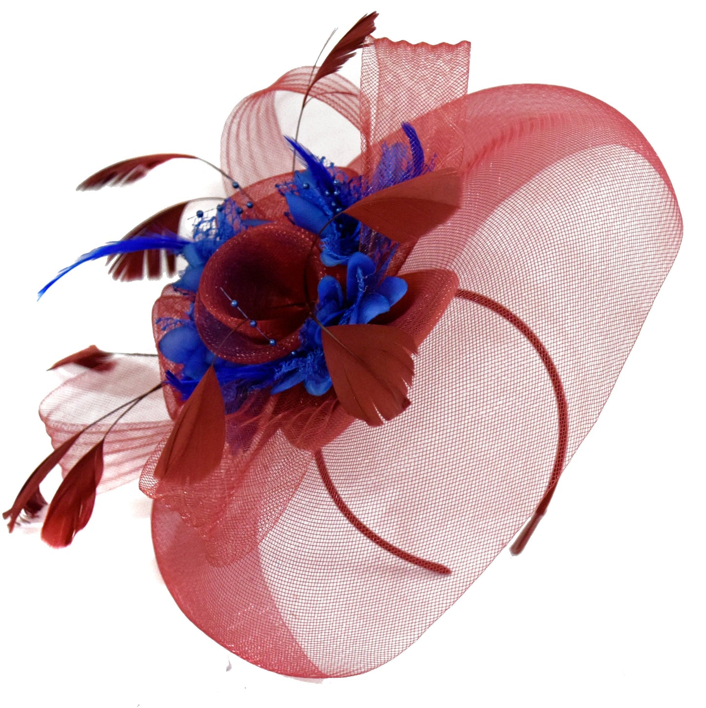 Caprilite Big Burgundy Royal Blue Fascinator Hat Veil Net Hair Clip Ascot Derby Races Wedding Headband Feather Flower