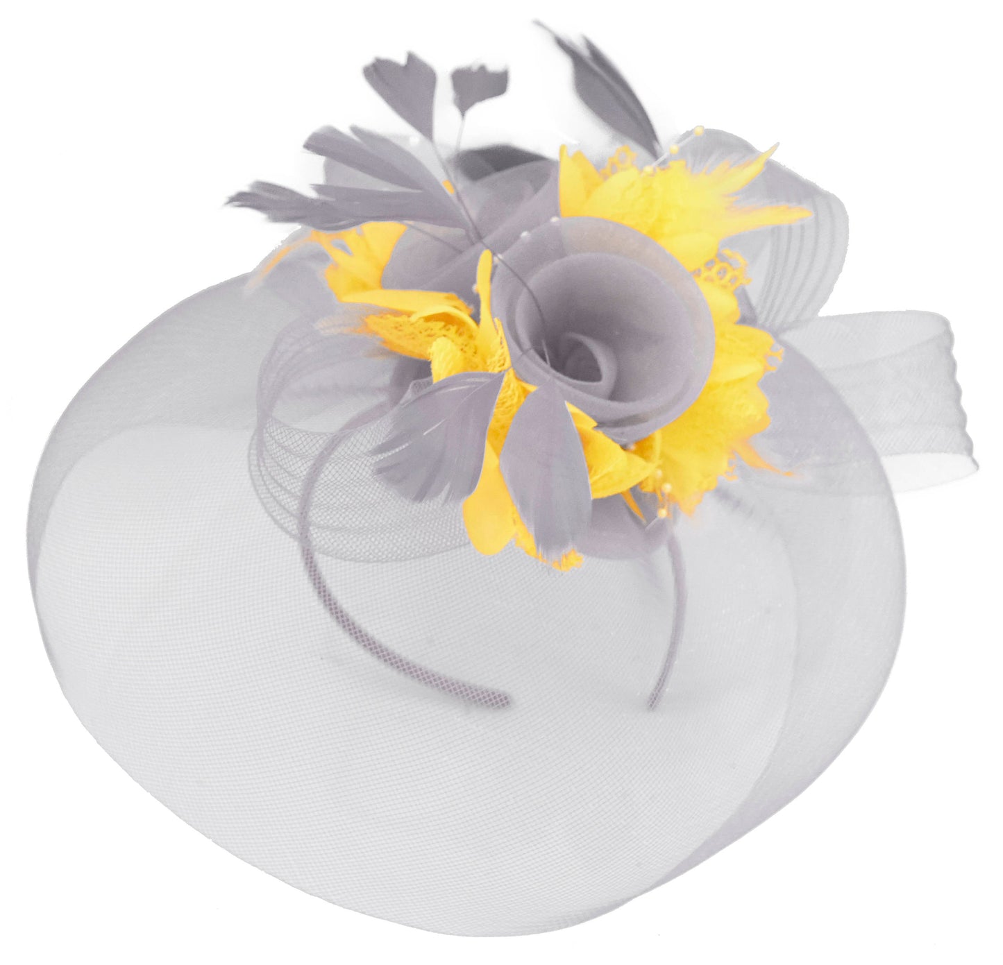 Caprilite Grey Silver and Yellow Fascinator on Headband Veil UK Wedding Ascot Races Hatinator