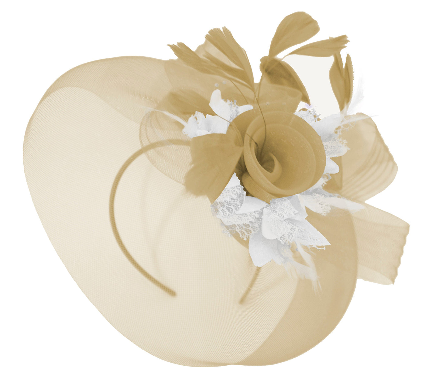 Caprilite Beige Camel and White Fascinator Hat Veil Net Hair Clip Ascot Derby Races Wedding Headband Feather Flower