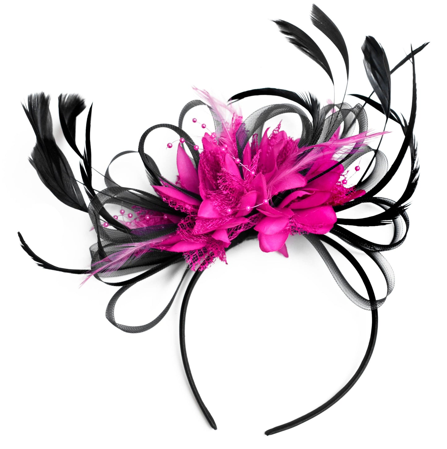 Caprilite Black & Fuchsia Pink Fascinator Headband Wedding Ascot Races Loop Net