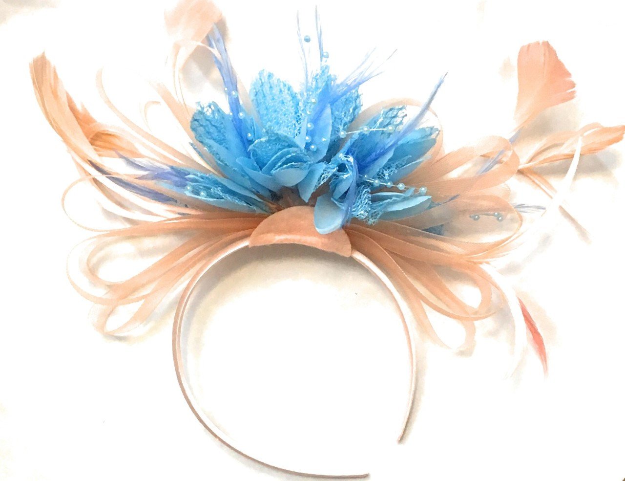 Caprilite Nude Peach Pink and Light Sky Blue Baby Blue Cornflower Blue Fascinator on Headband Alice Band UK Wedding Ascot Races Loop