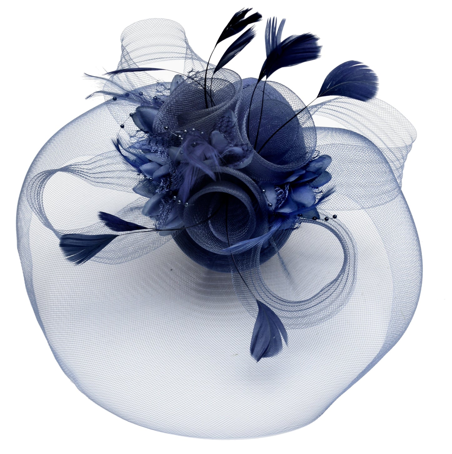 Caprilite Big Navy Fascinator Hat Veil Net Hair Clip Ascot Derby Races Wedding Headband Feather Flower