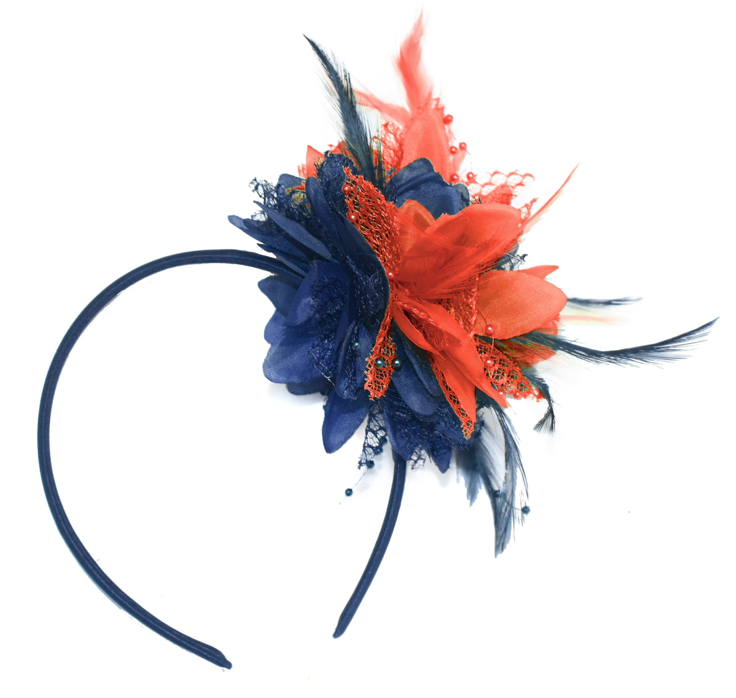 Caprilite Navy and Coral Fascinator Headband Hair Band Flower Corsage