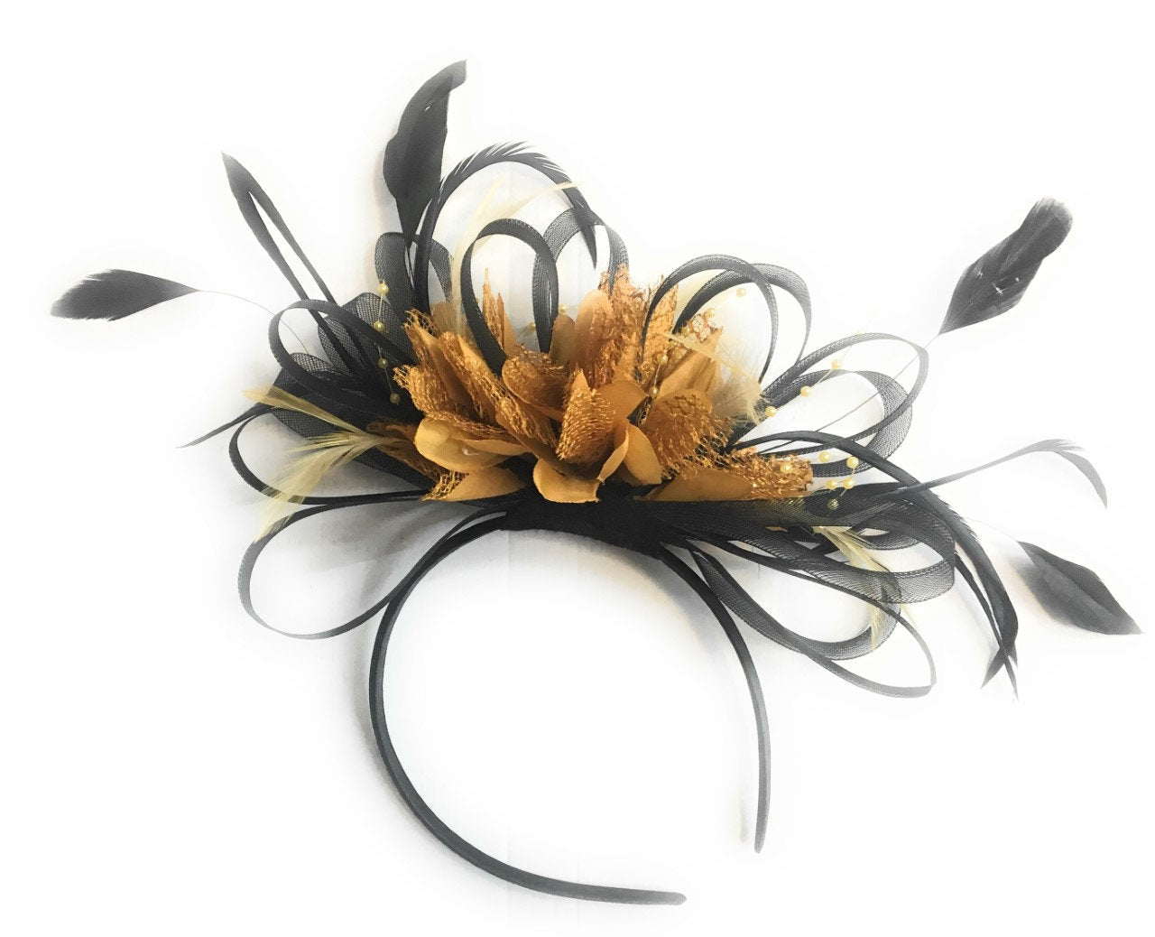 Caprilite Black and Mustard Yellow Fascinator on Headband Alice Band UK Wedding Ascot Races Derby