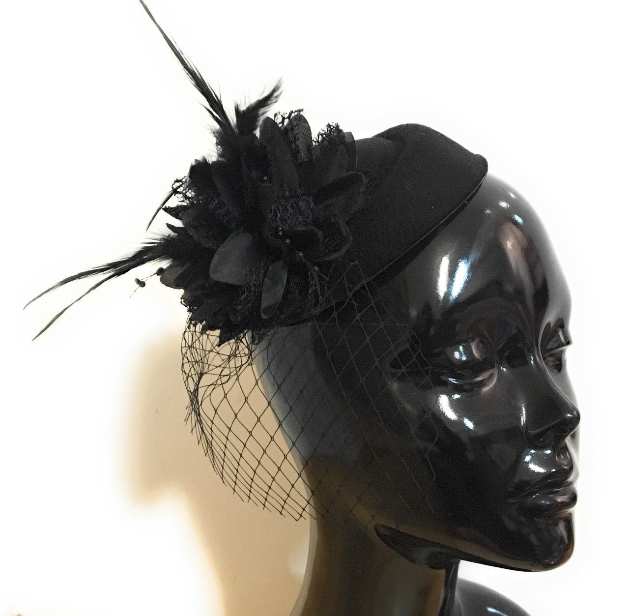 Caprilite Black Fascinator Hat Pill Box Flower Veil Hatinator UK Wedding Ascot Races Clip Felt