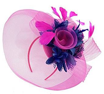 Caprilite Big Fuchsia Hot Pink and Navy Fascinator Hat Veil Net Hair Clip Ascot Derby Races Wedding Headband Feather Flower