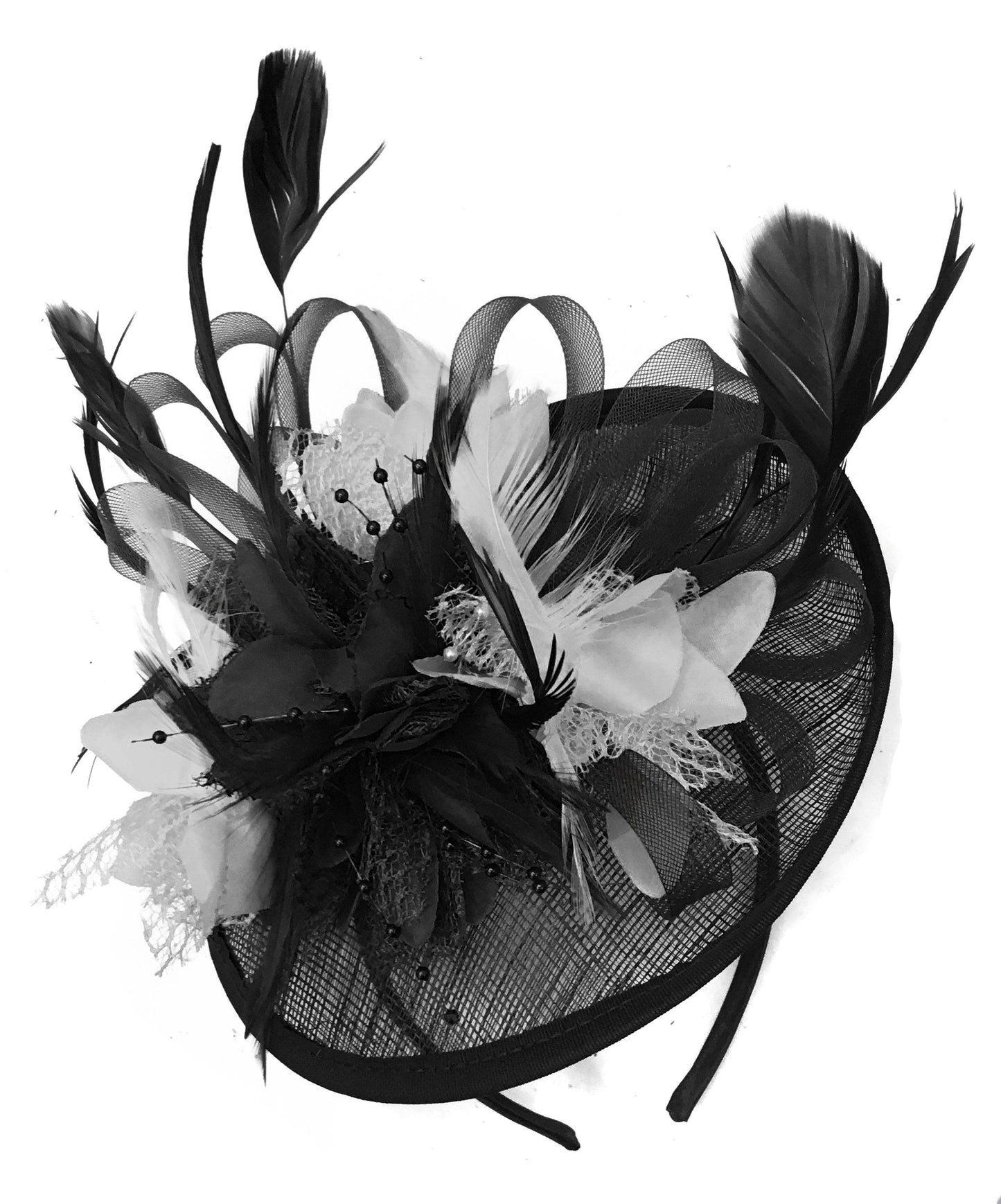 Caprilite Black and White Sinamay Disc Saucer Fascinator Hat for Women Weddings Headband