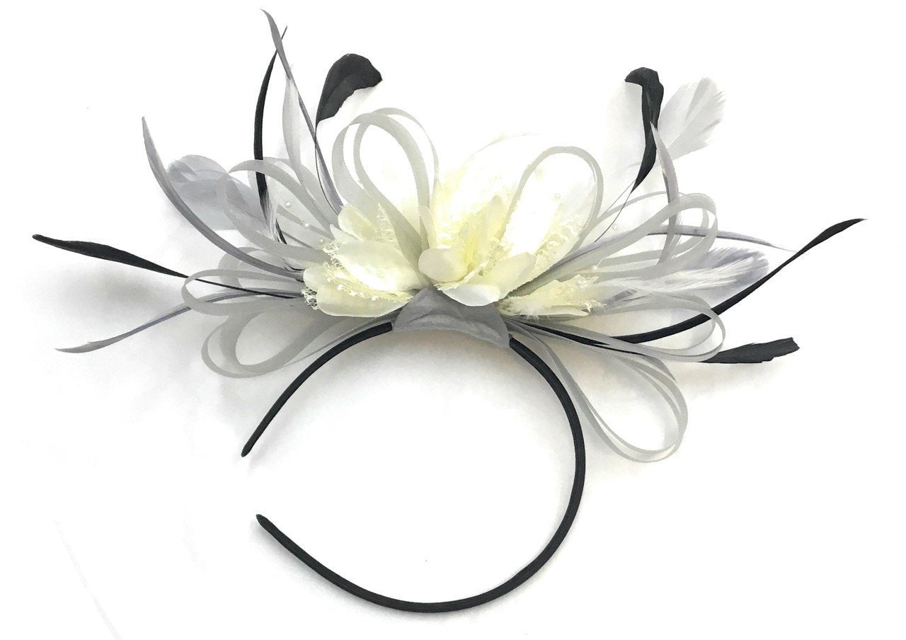 Caprilite Silver Grey, Cream and Black Feathers Fascinator Headband Wedding Ascot Derby