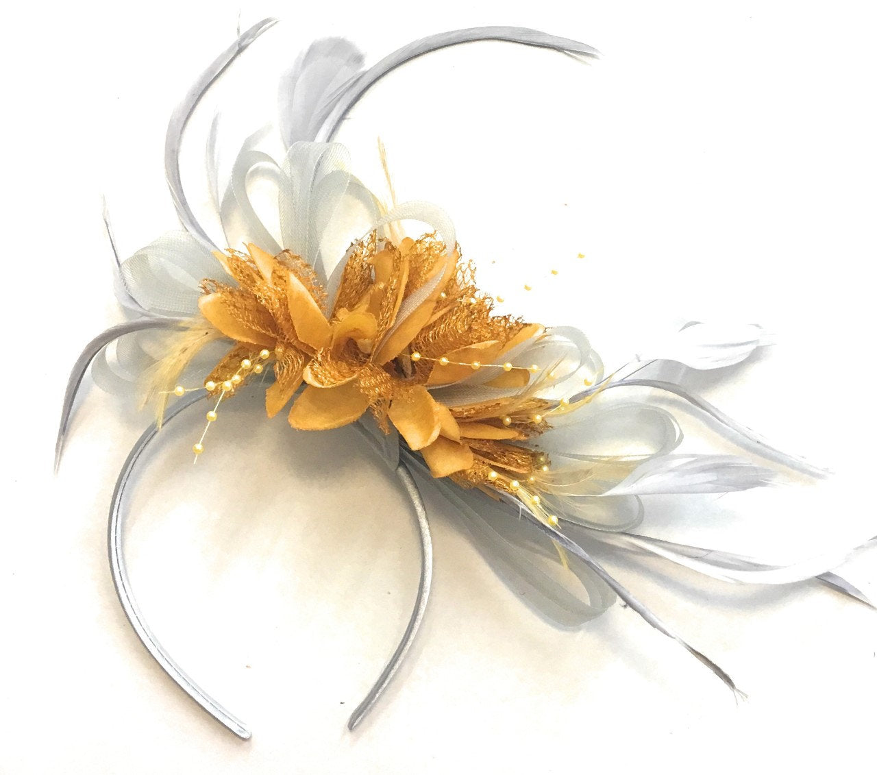 Caprilite Silver Grey and Mustard Yellow Feathers Fascinator Headband Wedding Ascot Derby