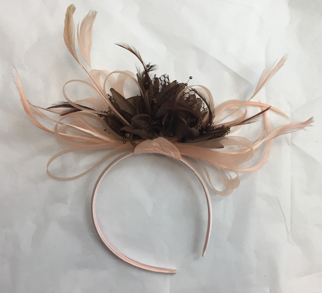 Caprilite Nude Salmon Peach Pink and Coffee Brown Fascinator on Headband Alice Band UK Wedding Ascot Races Derby