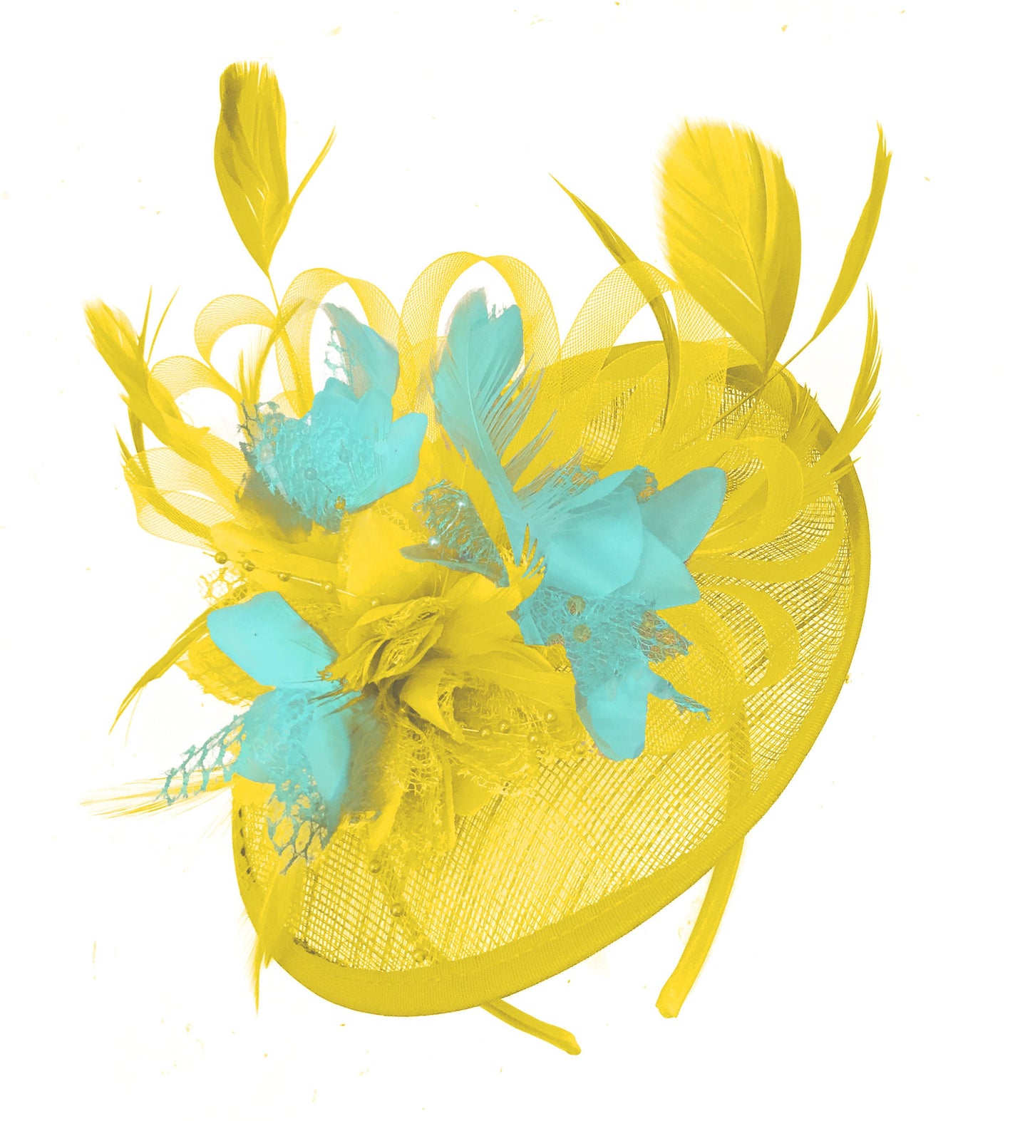 Caprilite Yellow and Light turquoise Sinamay Disc Saucer Fascinator Hat for Women Weddings Headband